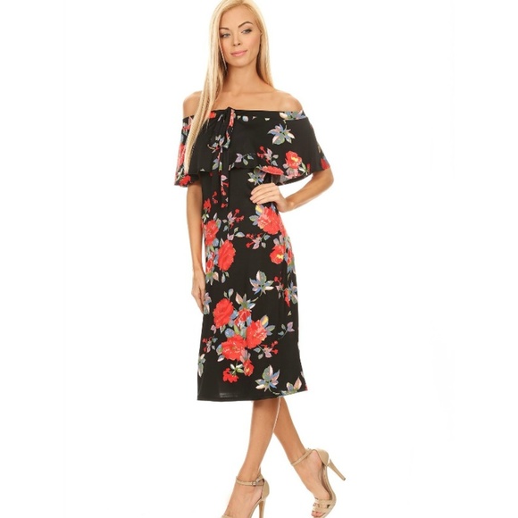 Red Floral off Shoulder Dress - Picture 2 of 6